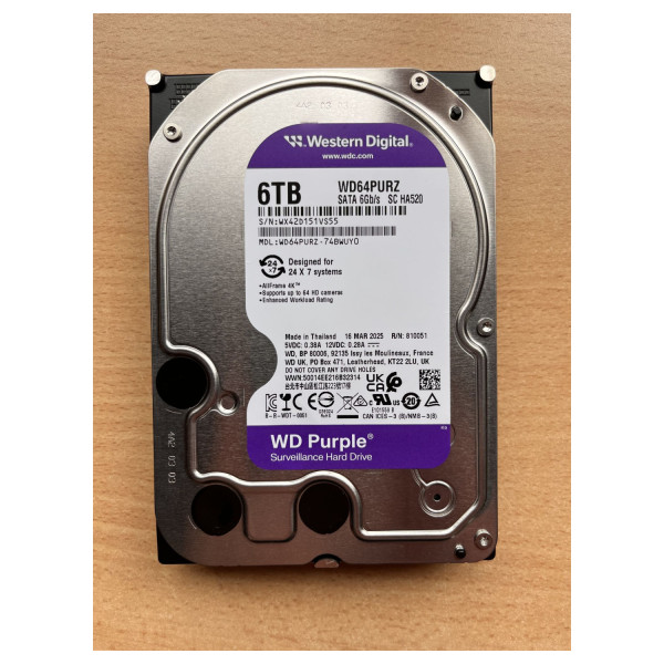 DISCO DURO INTERNO WD PURPLE 6TB 3.5 ESCRITORIO SATA3 6GB/S 128MB 24X7 DVR NVR 1-16 BAHIAS 1-64 CAMARAS WD64PURZ