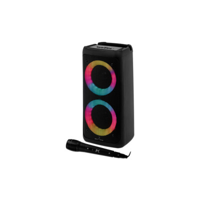 BOCINA INALAMBRICA BLUETOOTH PORTATIL CON MICROFONO RECARGABLE LUZ RGB DOBLE BOCINA 4 PULGADAS PERFECT CHOICE FESTA PC-113232