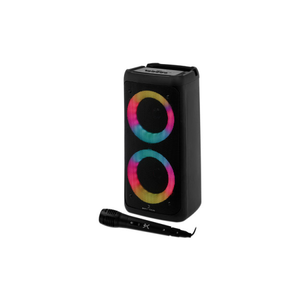 BOCINA INALAMBRICA BLUETOOTH PORTATIL CON MICROFONO RECARGABLE LUZ RGB DOBLE BOCINA 4 PULGADAS PERFECT CHOICE FESTA PC-113232