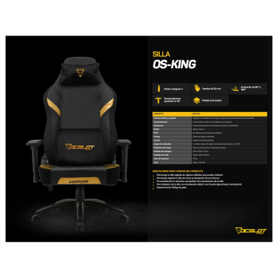 SILLA OCELOT GAMING OS-KING / VINIPIEL Y TERCIOPELO / BASE METALICA AJUSTABLE / DESCANSABRAZOS 5D / PISTON CLASE 4 / RECLINABLE