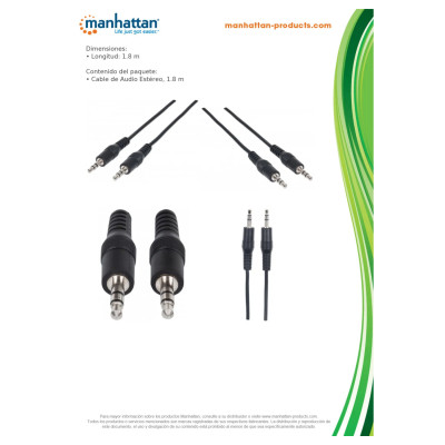 CABLE AUDIO,MANHATTAN,334594, ESTEREO 3.5MM M-M 1.8M NEGRO