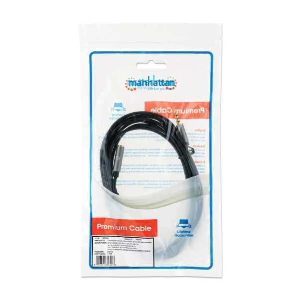 CABLE AUDIO ESTEREO, MANHATTAN, 356046, 3.5MM EXTEN. M-H 3.0M NEGRO/ALUMINIO PLATEADO