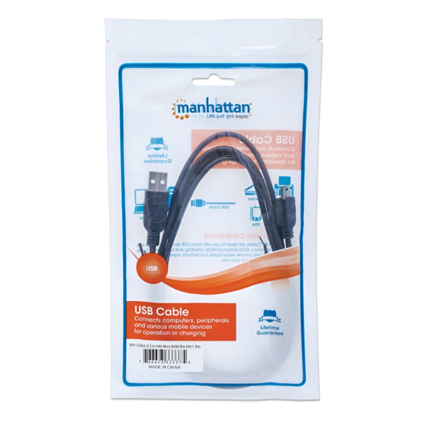 CABLE USB , MANHATTAN, 322638, V2.0 A-MINI B 0.9M NEGRO