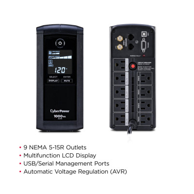 NO BREAK CYBERPOWER CP1000AVRLCD 1000 VA/ 600 WATTS, INTERACTIVO,TORRE, 9 NEMA 5-15R, 5 RESPALDO Y 4 SUPRESIN, 3 CP1000AVRLCDa